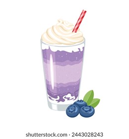 Blueberry milkshake. Vector cartoon illustration of berry cocktail with whipped cream. Sweet summer drink  in glass with straw. 