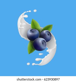 Blueberry and milky splash, berry icon and yogurt . Realistic vector illustration