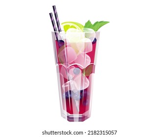 Blueberry mojito with blueberries, lime, mint and ice cubes.A summer, refreshing drink in a tall glass with straws.Vector illustration .