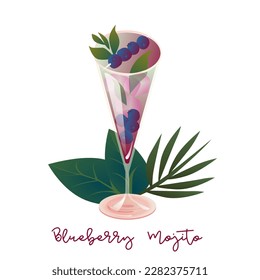 Blueberry mojito with blueberries, mint and ice cubes.A summer, refreshing drink in a tall glass. Vector illustration .