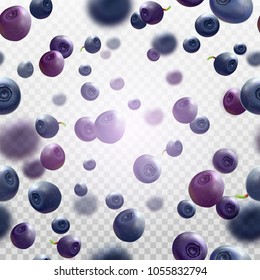Blaubeere in Bewegung auf transparentem Hintergrund. Realistische Berrys mit Blättern, die in der Luft rutschen.  Vektorgrafik. 