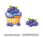 Blueberry Muffin and Berries Vector Illustration. Fresh Cake and Heap of Blueberries Isolated on White.