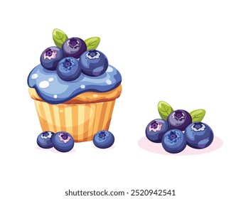 Blueberry Muffin and Berries Vector Illustration. Fresh Cake and Heap of Blueberries Isolated on White.