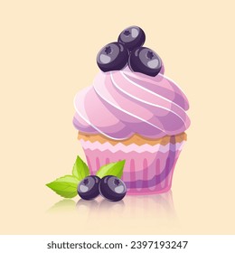 Blueberry muffin in cartoon style on purple background. Vector illustration for poster, banner, website, advertisement. Vector illustration with colorful sweet dessert. Vector illustration