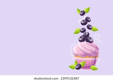 Blueberry muffin in cartoon style on purple background. Doodle. Vector illustration for poster, banner, website, advertisement. Vector illustration with colorful sweet dessert. Vector illustration