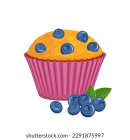 Blueberry muffin and heap of berries isolated on white. Vector cartoon illustration of fresh cake.