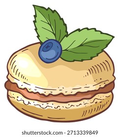 A blueberry muffin with a leaf on top
