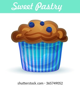 Blueberry Muffin vector.  Homemade cupcake. Sweet cake with berry. Blueberry muffin isolated. Fresh pastry. Cartoon muffin. Isolated cartoon cupcake. Vector illustration EPS 10