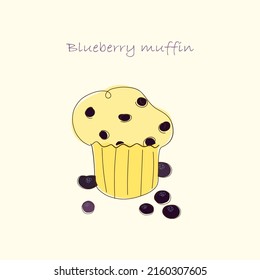 Blueberry muffin vector illustration. Sweet tasty cupcake. Food illustration. Menu design. Cook book.