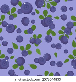 Blueberry on a lilac background. Seamless pattern. Blueberry and green leaves in the flat style. Berry background for paper, gift wrap, textile, wallpaper.