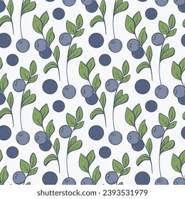 Blueberry on twig seamless pattern. Forest bilberry and foliage background. Color hand engraving whortleberry. Hurtleberry print for textile, packaging and design, vector illustration