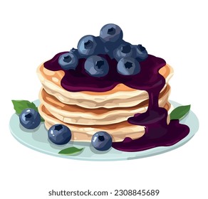 Pancake de arándano con fruta fresca y jarabe sobre blanco