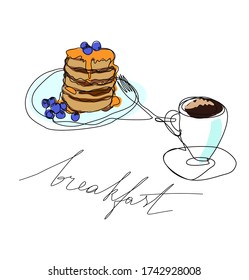 Blueberry pancakes on plate with honey coffee cup and fork vector set breakfast icons for cafe restaurant menu