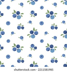 Blueberry pattern. Blueberries with leaves on a white background. Vector illustration.