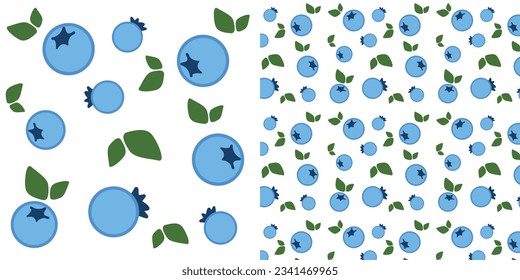 Patrón arándano. Arándanos con hojas sobre un fondo blanco. Ilustración vectorial.Blueberry y deja un patrón vectorial sin fisuras. Fondo veraniego de frutas orgánicas.