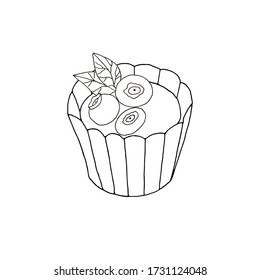 Blueberry pie. Contour black-and-white drawing of the cake by hand. Vector isolated image on a white background.