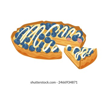 Blueberry pie with piece baked vitamin nutrition vector illustration isolated on white background