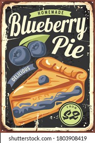 Blueberry pie poster design made for bakeries and markets. Sign with black background, text and big pie in the middle of image. Vector vintage illustration.