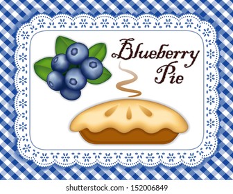 Blueberry Pie, ripe berries, white eyelet lace doily place mat, blue gingham check background. Tasty sweet fresh baked dessert. See other fruits in this series. 