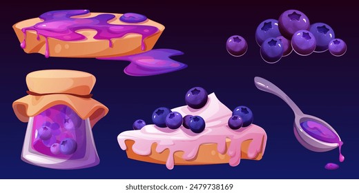 Blueberry pie set isolated on background. Vector cartoon illustration of piece of fresh baked tart with sweet cream and berries, jam in glass jar and spoon, confectionery cafe menu design elements