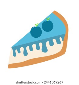 A blueberry pie slice with blueberry sauce drizzled on top. The pie has two blueberries on top of each half. blueberry cake.