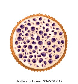Tarta de arándano azul, ilustración vectorial de vista superior. Caricatura aislada torta de baya entera, tarta de queso al horno o tarta con crema de vainilla y merienda, tarta gourmet y postre de restaurante de vacaciones