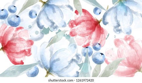 Blueberry and pink flowers watercolor banner frame Vector. delicate floral and berry decor. Invitation card, wedding ceremony, postcard, Women day greeting. Flow colorful drops. Beautiful pastel color