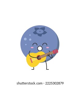 Blueberry toca la guitarra canta lindo personaje caricatura deliciosa berry sonrisa cara kawaii alegría alegre emociones alegres icono ilustración vectorial.