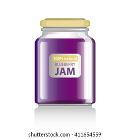 Blueberry, Plum, Black Currant or Blackberry Jam. Glass Jar. Transparent Bottle with marmalade. Realistic vector illustration.