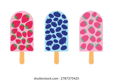 Blueberry popsicle vector illustration isolated on white background. Set of ice cream bar icons with wild blueberry, raspberry, and strawberry patterns. Berry ice cream. 