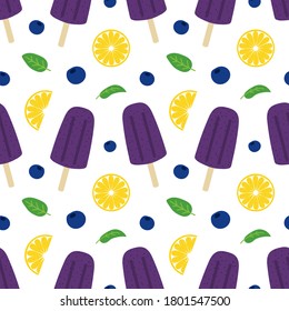 Blueberry popsicles with lemon slices, green leaves and blueberries vector seamless pattern background.