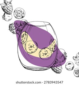 Blueberry, raspberry berry blend smoothie in round glass with banana slice topping. Isolated vector illustration hand drawn in ink. Morning cafe displays, bakery menu inserts, breakfast promo posters.