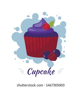Blueberry and Raspberry Cupcake Bakery Product Ads. Advertising Poster Presentation for Coffee-Shop Menu or Showcase. Vector Flat Illustration. Cartoon Homemade Icing Dessert over Bubbles