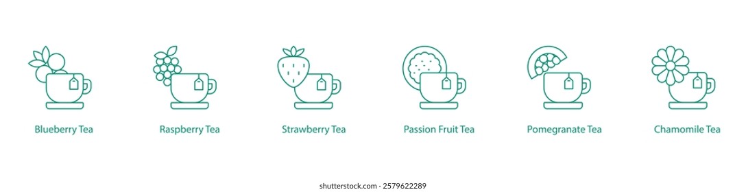 Blueberry, Raspberry, Strawberry, Passion Fruit, Pomegranate, and Chamomile Tea Icon Set