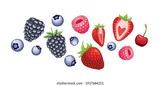 Blueberry, raspberry, strawberry,cherry,blackberry isolated on white background.