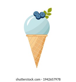 blueberry refreshing ice cream with blueberries in a waffle cup. Vector illustration. Colorful ice cream ball in pastel colors. Delicious frozen dessert. Refreshing frozen dessert. 