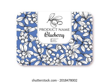 Blueberry Ripe berries. Template for product label, cosmetic packaging. Easy to edit. Graphic drawing, engraving style. Vector illustration.