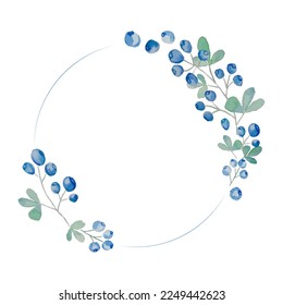 Blueberry round frame. Berry garland. Ripe blueberries with leaves. Vector illustration.