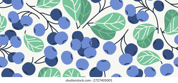 Blueberry seamless background, vector blue wild forest berries tiling wallpaper, elements easy to use separately as an illustration.
