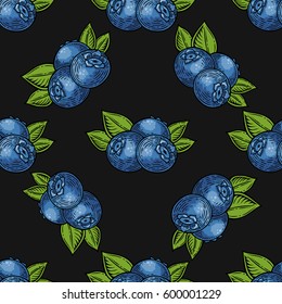 Blueberry Seamless nature vector pattern, hand drawn sketch etch engraving vector illustration. Fresh organic food. Fruits berry vintage blue berry pattern on black.