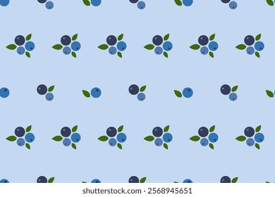 Blueberry Seamless Pattern Background. Blueberries on twig endless design. Forest berries pattern. Ingredient for dessert, smoothie. Healthy eating, vitamin, vegan. Flat vector background