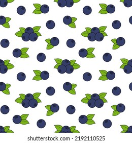 Blueberry seamless pattern. Blueberry berries with leaves on a white background. Vector.