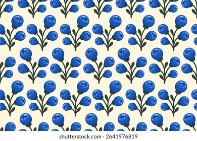 Blueberry Seamless pattern. Berry background. Bunch of currants on white background. Whole Ripe Blueberry. Repeatable texture with fresh juicy vitamin. Vector illustration
