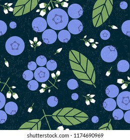 Blueberry seamless pattern. Black currant with leaves and flowers on shabby background. Original simple flat illustration. Shabby style.