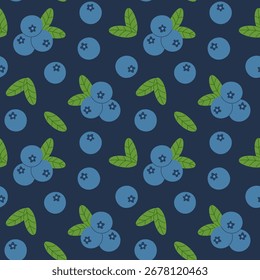 Blaubeere nahtloses Muster. Blaue Beeren mit Blättern auf dunklem Hintergrund. Handgezeichnetes Design zum Verpacken von Papier, Tapete, Stoff, Textilien und so weiter. Vektorgrafik.