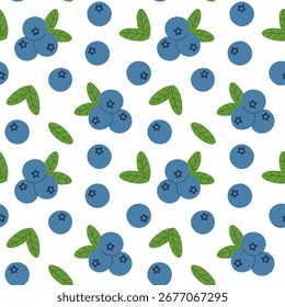 Blaubeere nahtloses Muster. Botanischer Druck. Blaue Beeren mit Blättern auf weißem Hintergrund. Vektorgrafik.