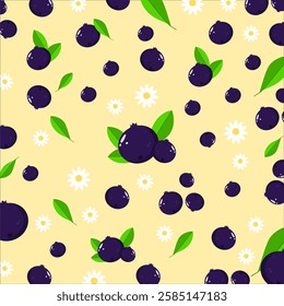 Blueberry seamless pattern with daisy flower and leaves. Cute blueberry cartoon can be used for wallpaper. banner. and paper wrapping