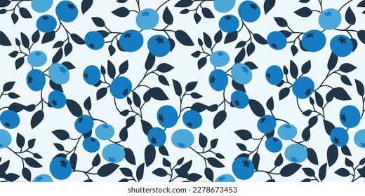 Blueberry seamless pattern. Flat blueberry fruit seamless pattern. Blueberry with leaf background for fabric, wrapping paper, wallpaper, textile, packaging, cover, interior, decoration, and other use.