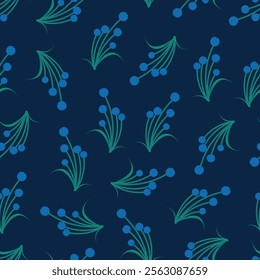 Blueberry seamless pattern. Floral surface design of wild berries and leaves on navy blue color background.