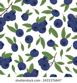 Blueberry seamless pattern. Hand drawn juicy blueberries endless design, fresh edible blue berries for healthy nutrition flat vector background illustration. Delicious forest berries pattern